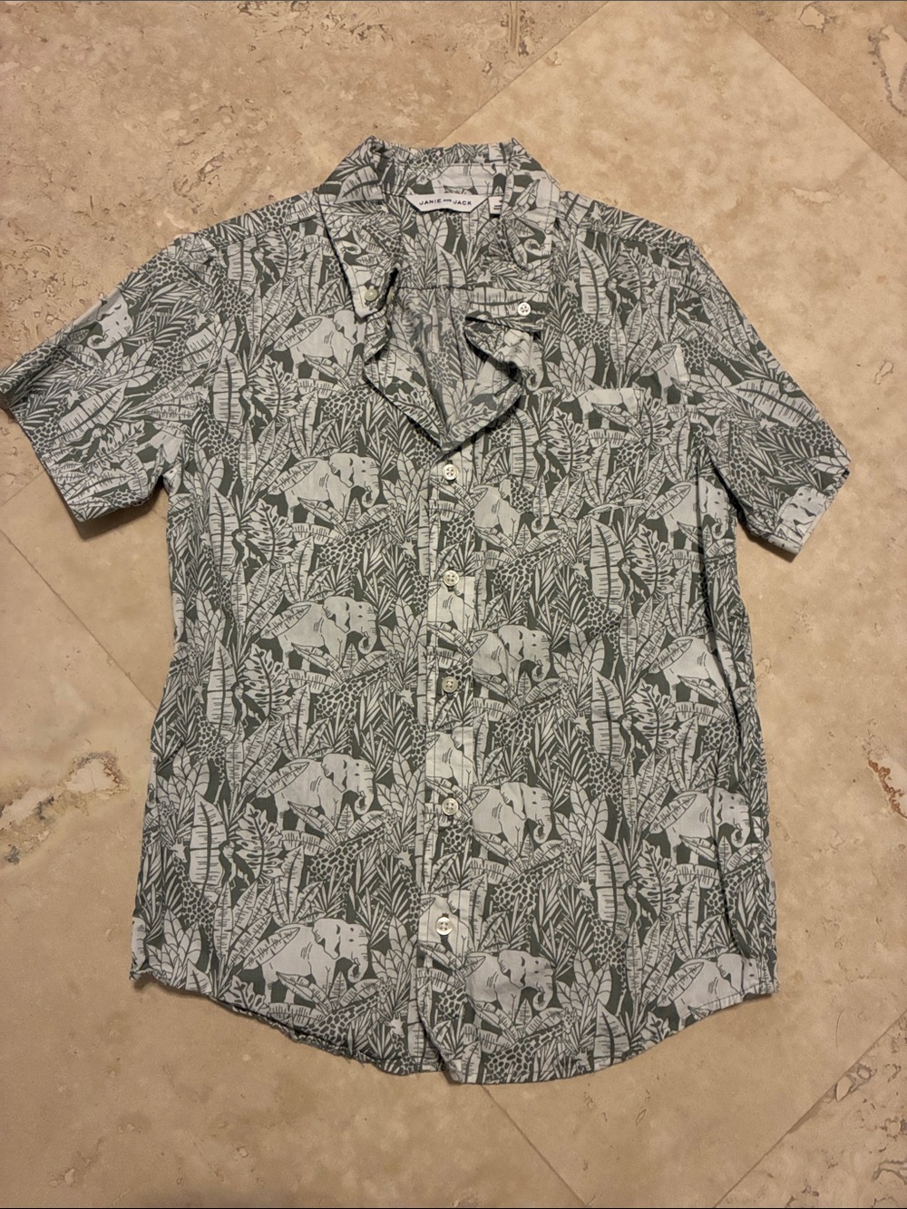 Janie and Jack Green and White Short-Sleeve Elephant Print Button-Down Shirt